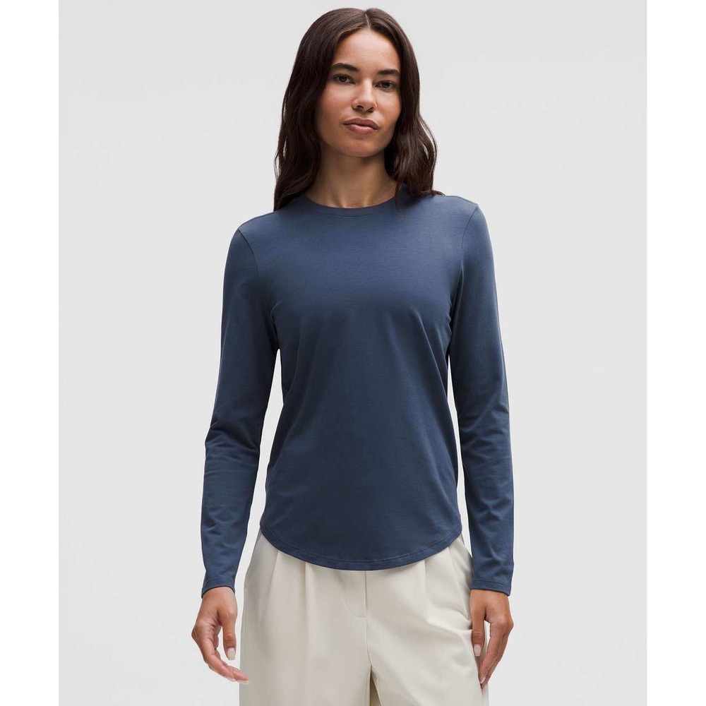 Lululemon Love Long-Sleeve Shirt Navy Blue Crewneck Pullover Curved Hem Top